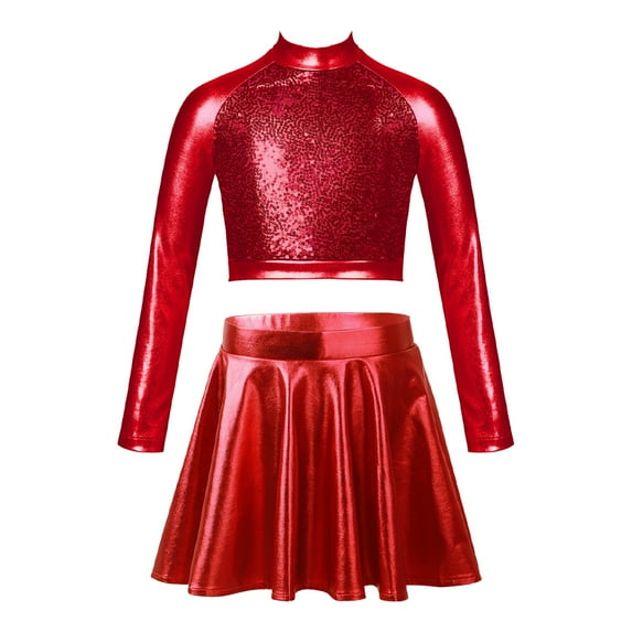 Alvivi Kids Girls Shiny Metallic Ballet Jazz Hip Hop Dance Outfit Long Sleeve Crop Top with Skirt Set Red 10
