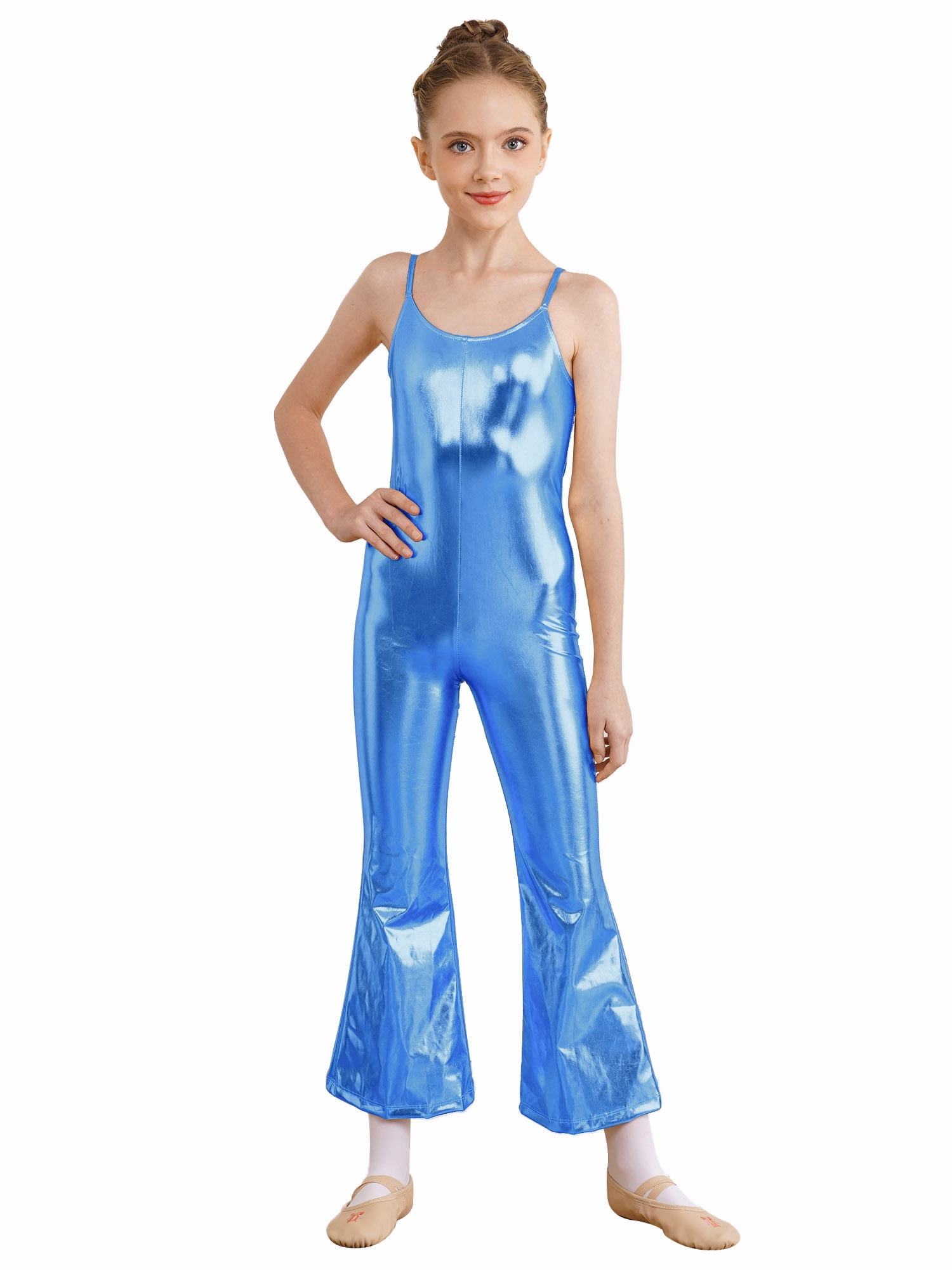 Porte Clé Girls Shiny Metallic Long Sleeve Unitard - Spandex One-Piece Bodysuit For Dance & Performance Performance Wear For Kids