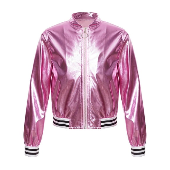 Alvivi Kids Girls Shiny Metallic Long Sleeve Zipper Jacket Coat Jazz Hip Hop Street Dance Outwear Pink 12
