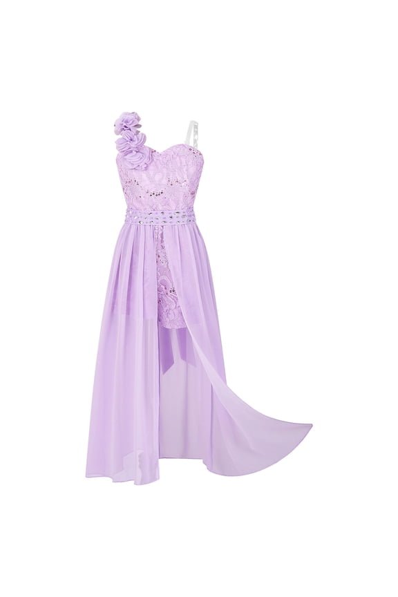 Kids Girls Shiny Party Dress Sequin Lace Jumpsuit Overlay Romper 6-16 Lavender 12