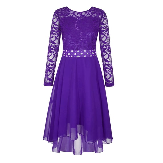 Alvivi Kids Girls Shiny Rhinestone Birthday Party Dress Chiffon High-Low Hem Wedding Bridesmaid Dresses Purple 16