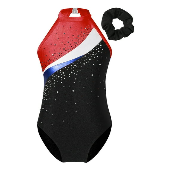 Alvivi Kids Girls Shiny Rhinestone Gymnastic One Piece Ballet Dance Leotard with Hair Band Red 8