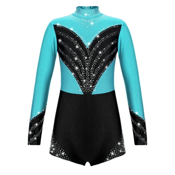 Alvivi Kids Girls Shiny Rhinestone Long Sleeve Ballet Dance Gymnastic Leotard Unitard Jumpsuit Blue Green 6