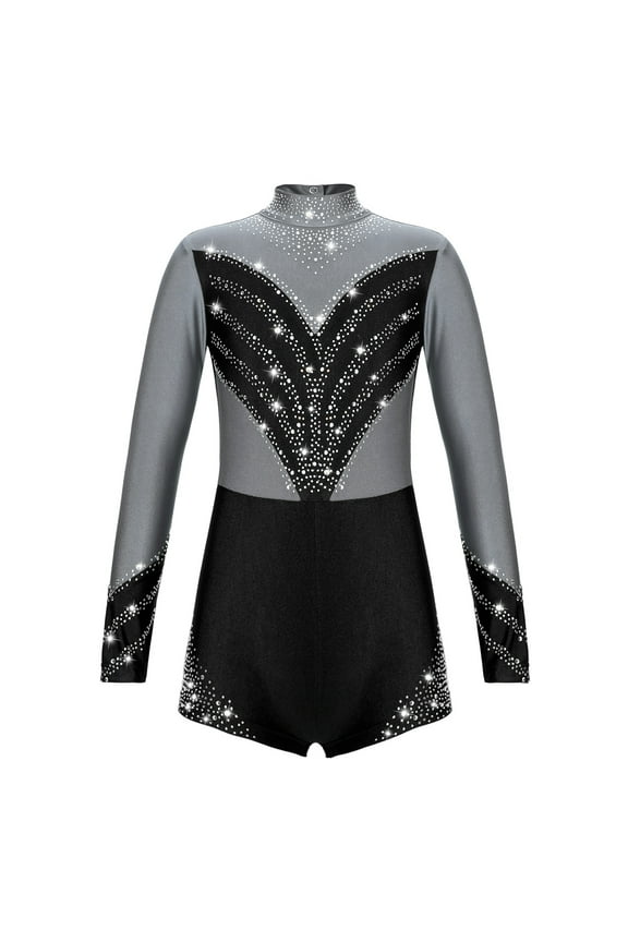 Kids Girls Shiny Rhinestone Long Sleeve Ballet Dance Gymnastic Leotard Unitard Jumpsuit Silver Grey 14