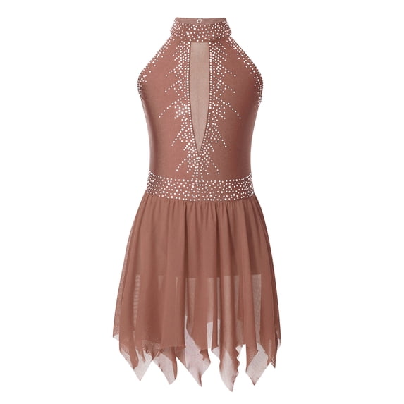 Alvivi Kids Girls Shiny Rhinestone Lyrical Ballet Modern Dance Dress Figure Ice Skating Leotard Brown 8