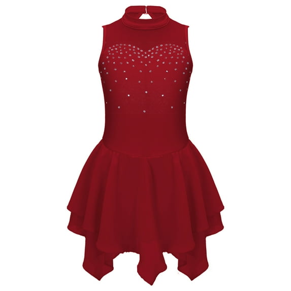 Alvivi Kids Girls Shiny Rhinestones Figure Ice Roller Skating Dress Sleeveless Ballet Dance Leotard Burgundy 16