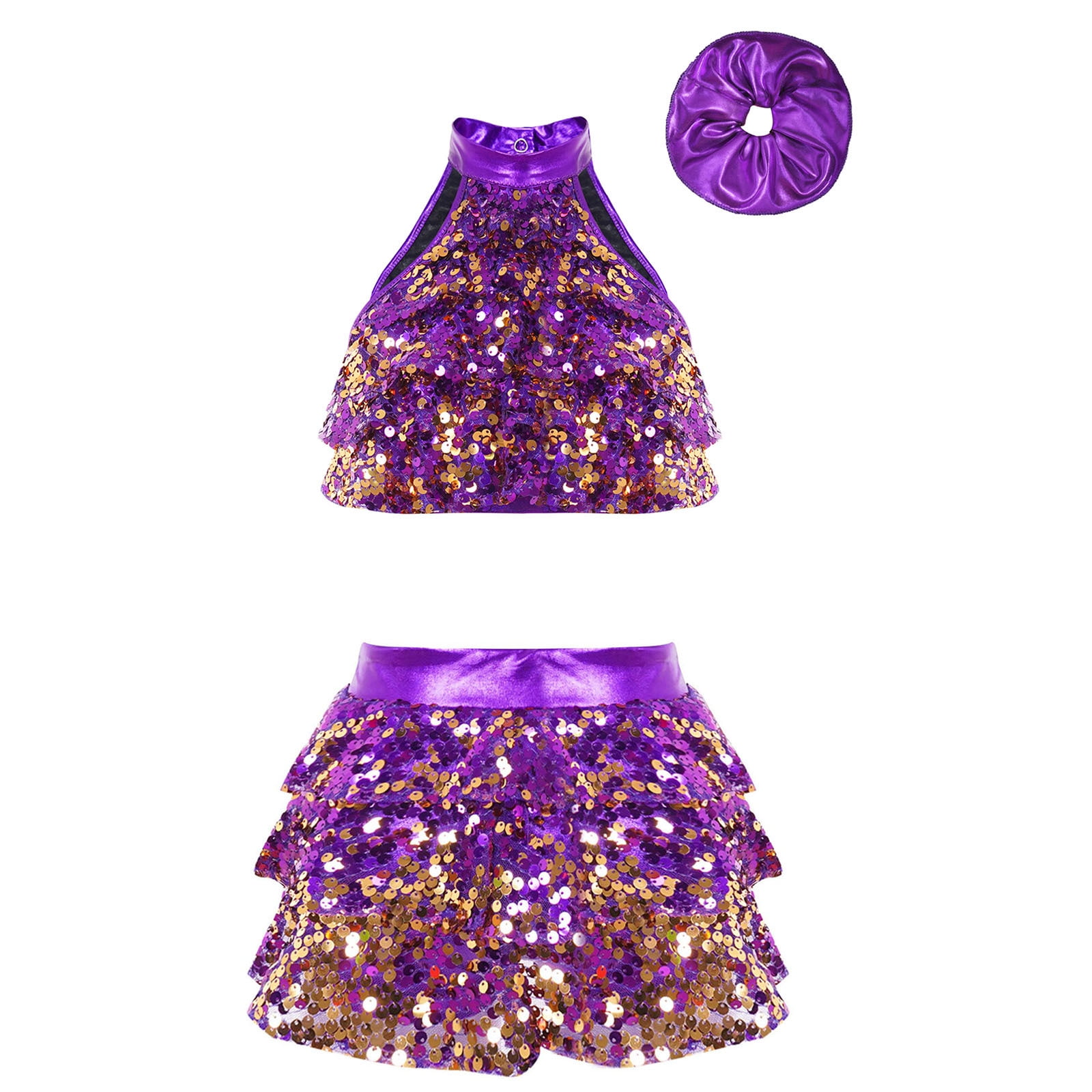 Alvivi Kids Girls Shiny Sequin Halter Neck Crop Tops wirh Skirt Set for ...