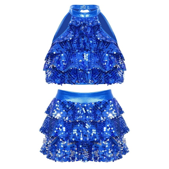 Alvivi Kids Girls Shiny Sequin Halter Neck Crop Tops wirh Skirt Set for Jazz Modern Dance Costume Royal Blue 7-8
