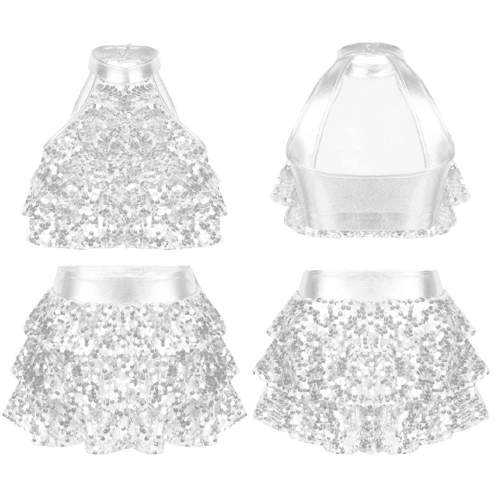 Alvivi Kids Girls Shiny Sequin Halter Neck Crop Tops wirh Skirt Set for ...