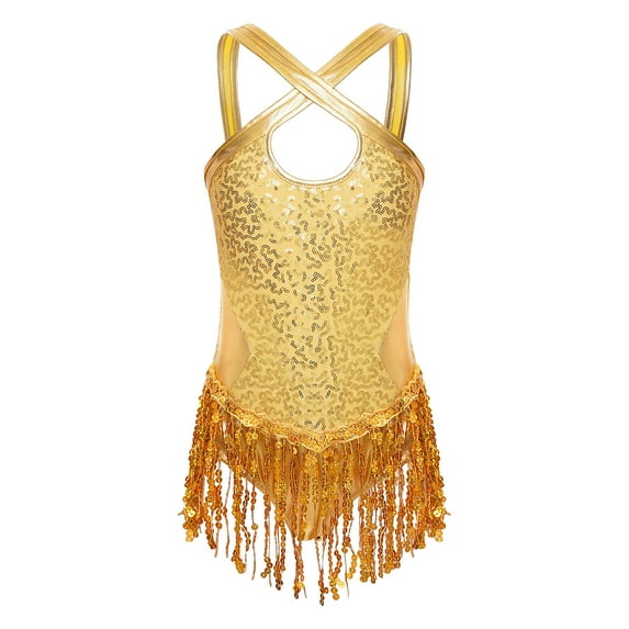Alvivi Kids Girls Shiny Sequins Latin Salsa Dance Fringed Leotard Dress Sleeveless Tassel Bodysuit Yellow 12