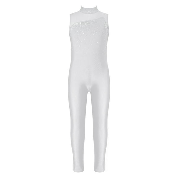 Alvivi Kids Girls Sleeveless Rhinestone Gymnastics Leotard Unitard Full Body Ice Skating Jumpsuit Bodysuit White 8