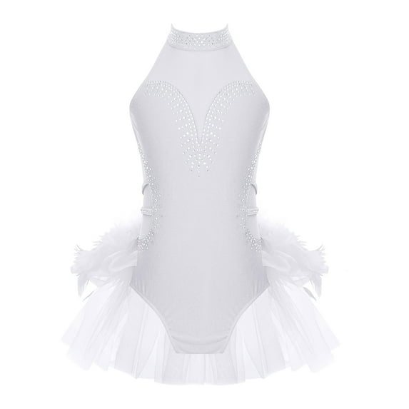 Alvivi Kids Girls Sleeveless Rhinestones Ballet Dance Leotard with Feather Tutu Skirt Ballerina Costume White 10