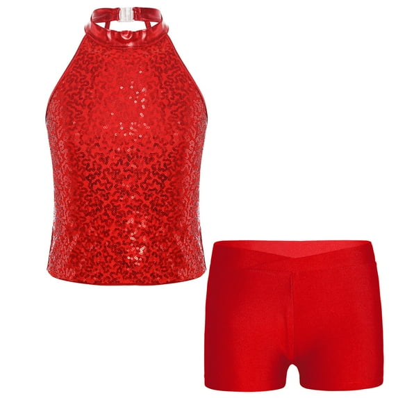 Alvivi Kids Girls Sleeveless Sparkly Sequin Dance Tops with Shorts Set for Gymnastics Sports Red 10