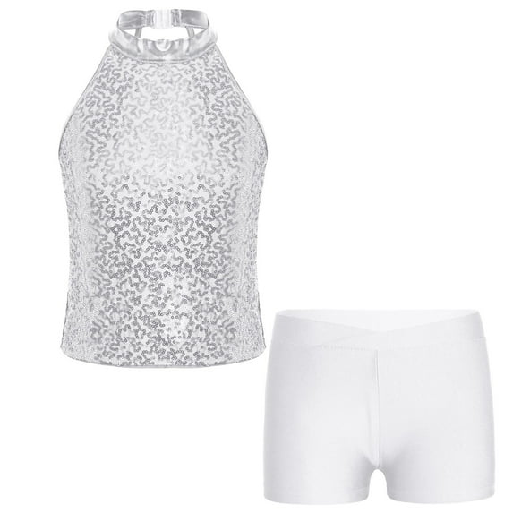 Alvivi Kids Girls Sleeveless Sparkly Sequin Dance Tops with Shorts Set for Gymnastics Sports White 8