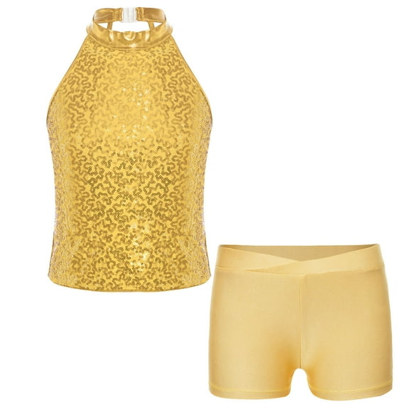 Alvivi Kids Girls Sleeveless Sparkly Sequin Dance Tops with Shorts Set for Gymnastics Sports Yellow 10