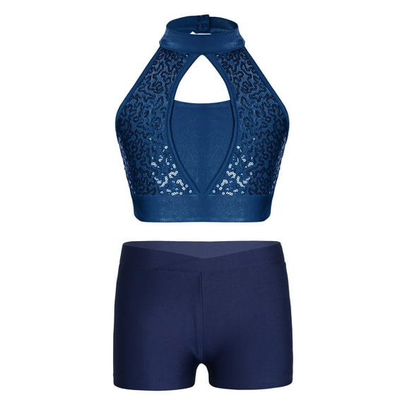 Alvivi Kids Girls Sparkle Dance Performance Outfits Sleeveless Sports Crop Top with Booty Shorts Navy Blue 12