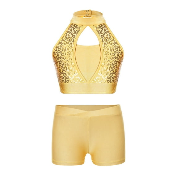 Alvivi Kids Girls Sparkle Dance Performance Outfits Sleeveless Sports Crop Top with Booty Shorts Yellow 12