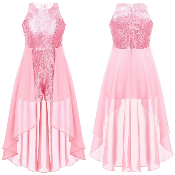 Alvivi Kids Girls Sparkly Sequin Jumpsuit Party Dress Overlay Skirt Romper