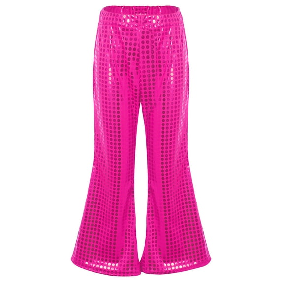 Alvivi Kids Girls Sparkly Sequins Performance Costume Hip-hop Jazz Dance Wide Leg Flared Pants Hot Pink 5-6