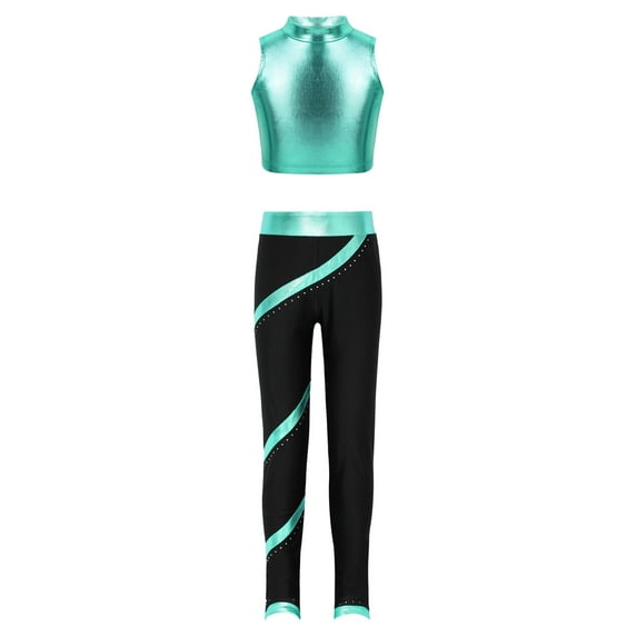 Alvivi Kids Girls Sport Outfits Gymnastics Dance Metallic Crop Tank Top with Leggings 2pcs Set Blue Green 8