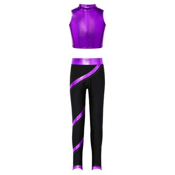 Alvivi Kids Girls Sport Outfits Gymnastics Dance Metallic Crop Tank Top with Leggings 2pcs Set Purple 12