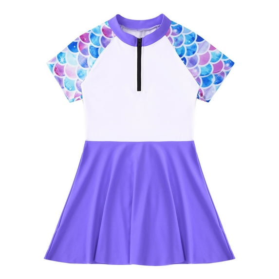 Alvivi Kids Girls Swimsuit One Piece Swimwear Ruffle Skirts Bathing Suit Short Sleeve Beachwear Swimdress Light Purple 14