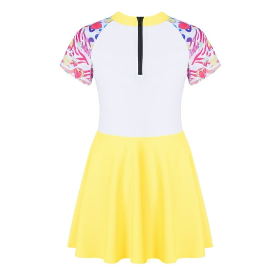 Alvivi Kids Girls Swimsuit One Piece Swimwear Ruffle Skirts Bathing Suit Short Sleeve Beachwear Swimdress Yellow 12