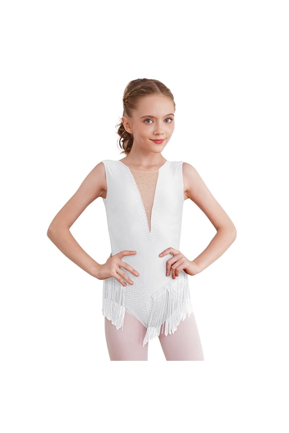 Kids Girls Tassel Latin Dance Dress Rhinestone Gymnastic Leotard Skating Competition Costume Dancewear White 16