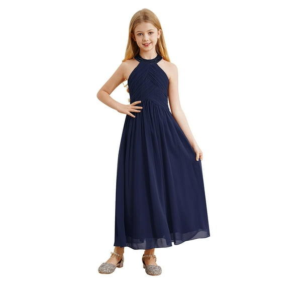 Alvivi Kids Halter Neck Flower Girl Dresses Junior Bridesmaid Wedding Party Chiffon Maxi Long Gown Navy Blue 14