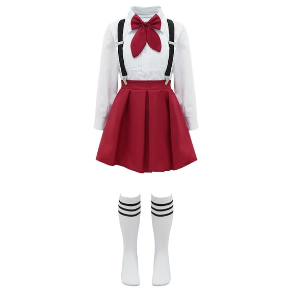 Alvivi Kids Schoolgirls Uniform Outfits Shirt Tops with Suspender Skirt Bowtie Socks Cosplay Costume Set Type A Burgundy 11-12