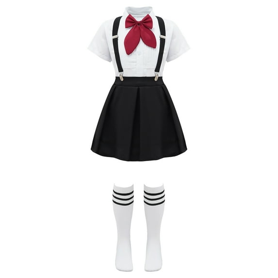 Alvivi Kids Schoolgirls Uniform Outfits Shirt Tops with Suspender Skirt Bowtie Socks Cosplay Costume Set ype B Black 7-8