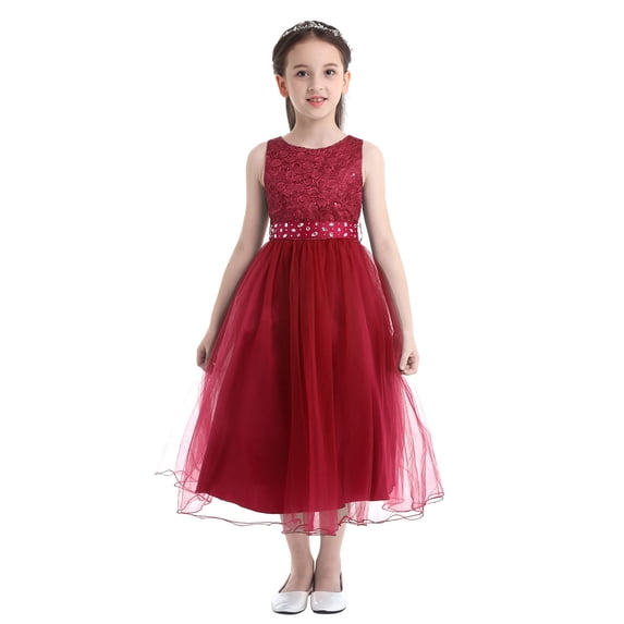 Alvivi Kids Sequined Lace Mesh Flower Girls Dress Princess Pageant Wedding Bridesmaid Birthday Party Dress Grown Burgundy 6