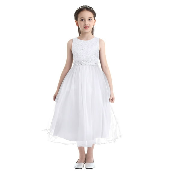 Alvivi Kids Sequined Lace Mesh Flower Girls Dress Princess Pageant Wedding Bridesmaid Birthday Party Dress Grown White 6