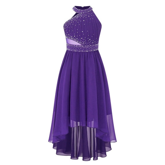 Alvivi Kids Shiny Rhinestone Party Dress Sleeveless Halter Neck Wedding Flower Girls Dress Purple 14