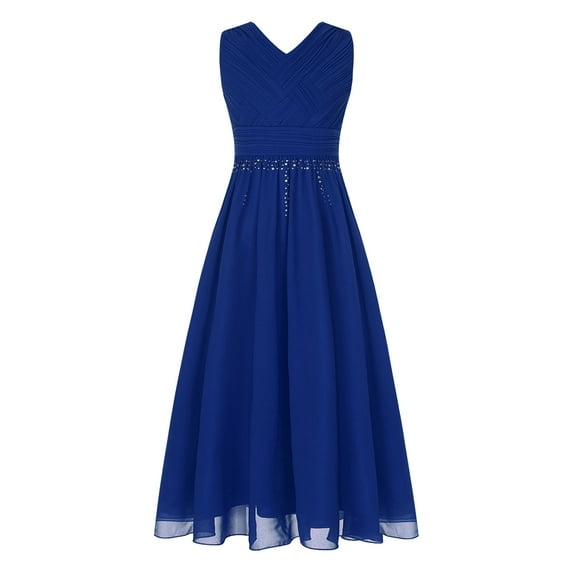 Alvivi Kids Sleeveless Ruched Chiffon Long Dress Flower Girls Wedding Pageant Bridesmaid Dress Blue 8