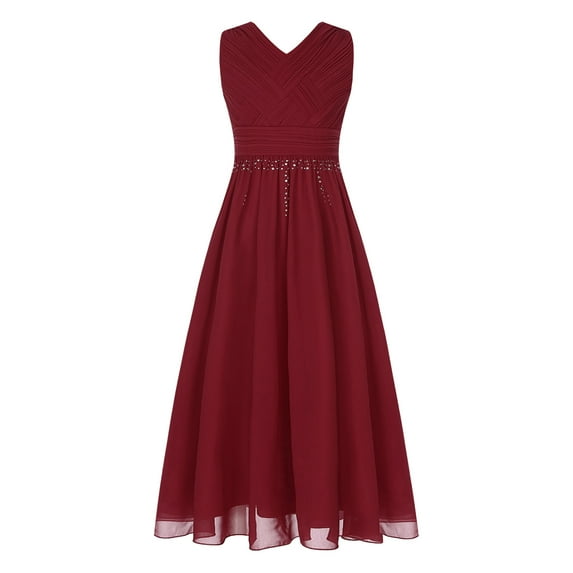Alvivi Kids Sleeveless Ruched Chiffon Long Dress Flower Girls Wedding Pageant Bridesmaid Dress Burgundy 8