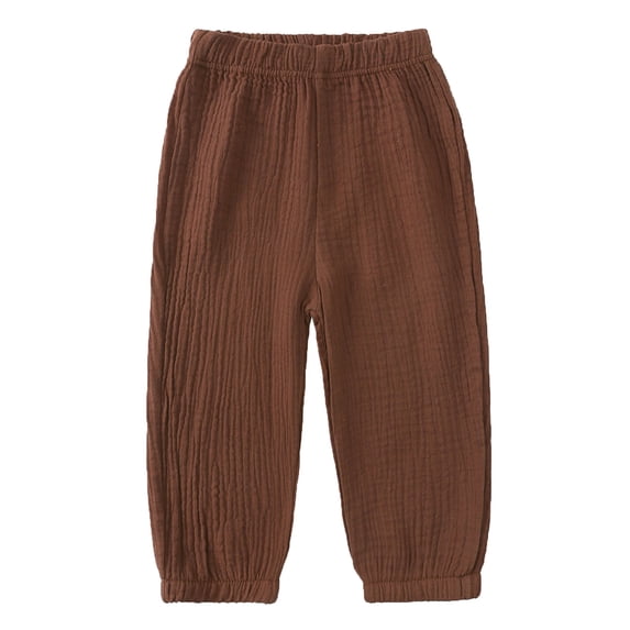 Alvivi Kids Solid Color Cotton Linen Elastic Long Harem Pants Boys Girl Casual Bloomer Trousers Brown 7-8