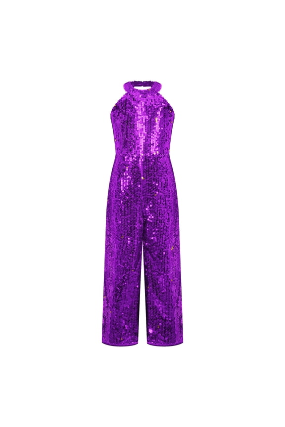 Little Girls Shiny Sequins Halter Neck Jumpsuit Pageant Romper Summer Party Prom Formal Suit Purple 10