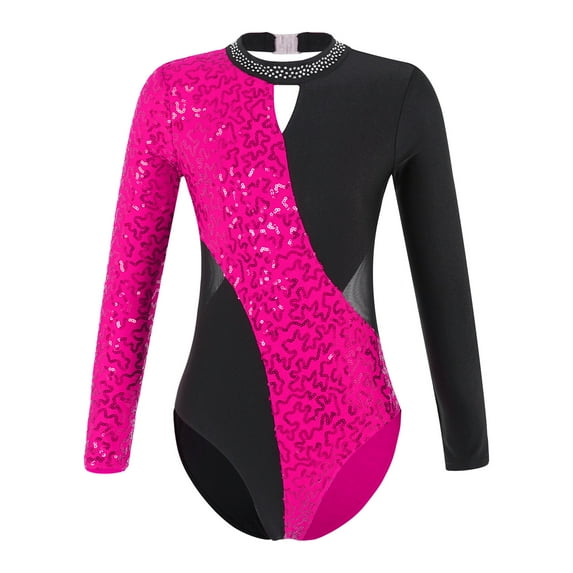 Alvivi Long Sleeve Sparkly Sequin Ballet Athletic Bodysuit Gymnastics Leotards for Kids Girls Hot Pink 14