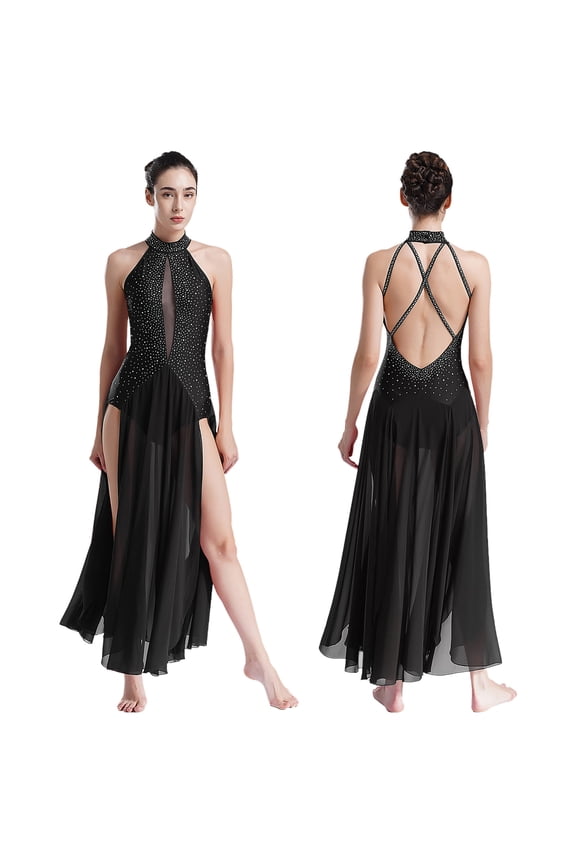 Lyrical Dance Costumes for Women Contemporary Dancewear Halter Strappy Back Leotard Maxi Overlay Dress Black S
