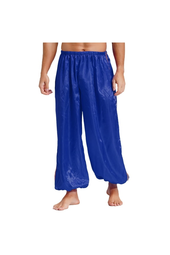 Men Harem Pants Elastic Loose Trousers Hippie Boho Pants Arabian Prince Performance Costume Royal Blue S