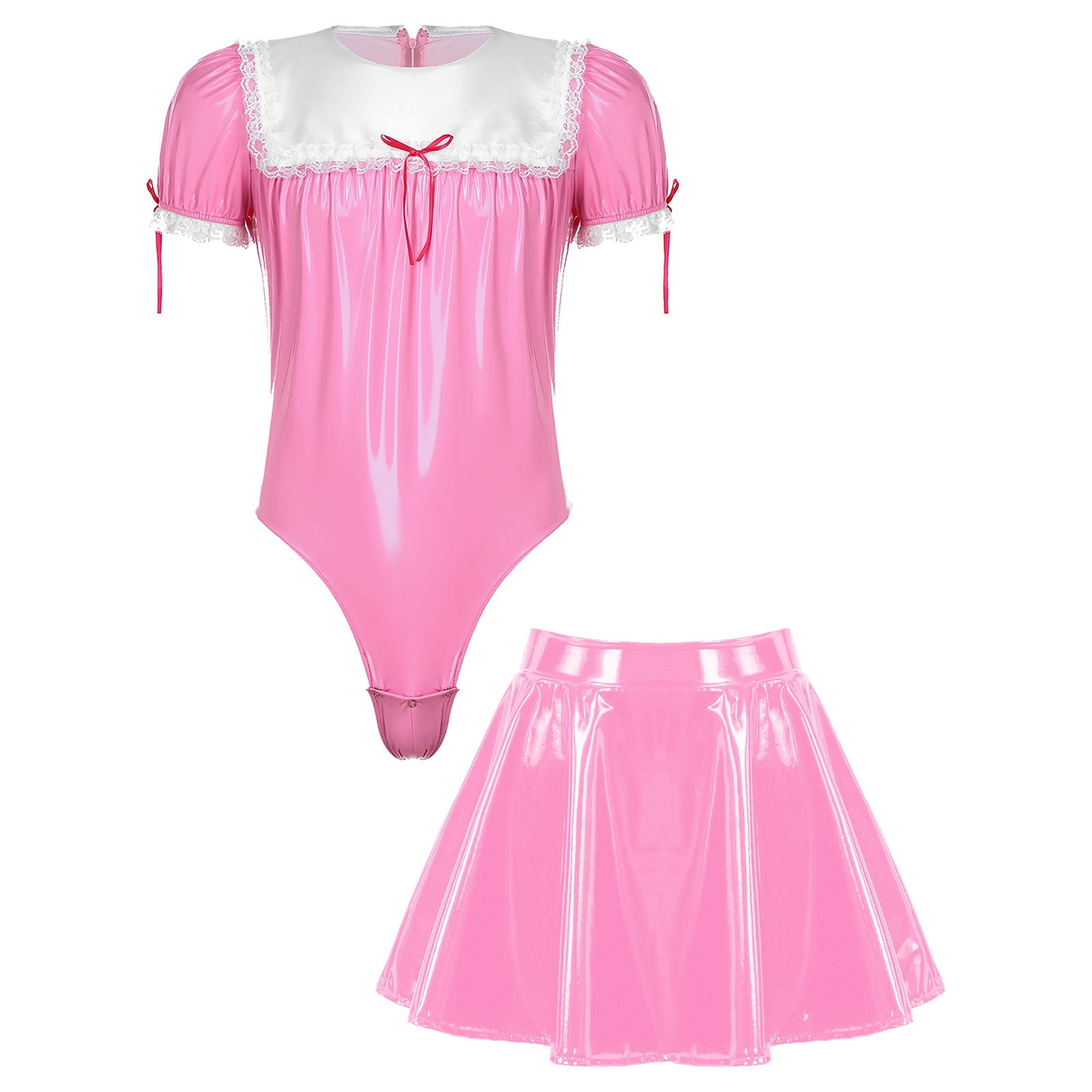 Alvivi Men Sissy Ruffle Lace Patent Leather Maid Cosplay Costume ...