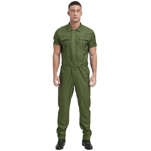 Alvivi Men's Blend Work Coveralls Short Sleeve Jumpsuit Multiple Pockets Zipper Overalls Workwear Army Green XXL