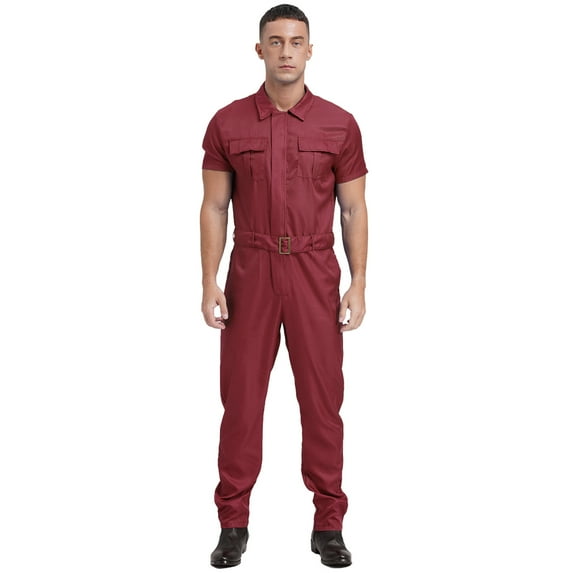 Alvivi Men's Blend Work Coveralls Short Sleeve Jumpsuit Multiple Pockets Zipper Overalls Workwear Burgundy L
