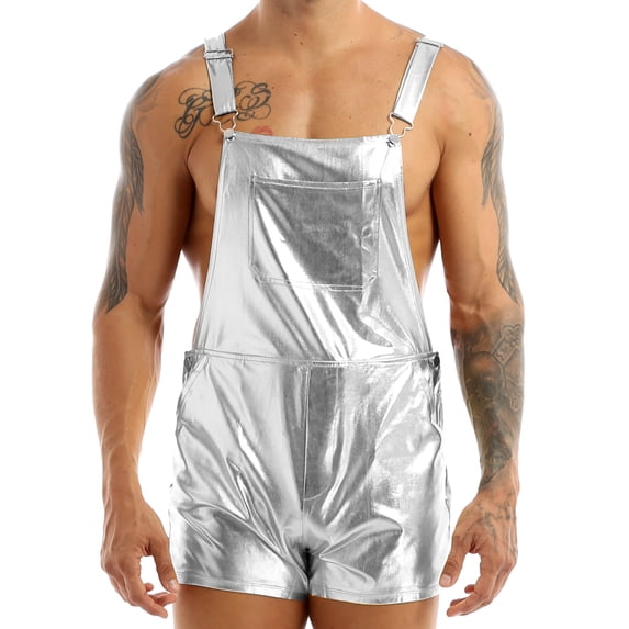 Alvivi Men's Shiny Metallic Bib Overalls Dungarees Suspender Hot Shorts Pants Festival Party Clubwear Silver 3XL