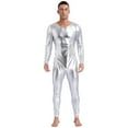 thumbnail image 1 of Alvivi Men's Shiny Metallic Dance Unitards Long Sleeve Full Length Bodysuits Jumpsuits Silver 3XL, 1 of 6