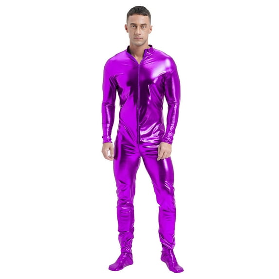 Alvivi Men's Shiny Metallic Full Body Unitard Bodysuit One Piece Zipper Catsuit Leotard Jumpsuit Purple XXL
