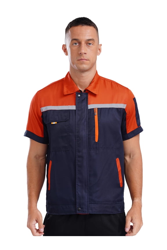 Men's Short Sleeve Mechanic Work Shirt Front Zip Industrial Uniform Workshop Factory Workwear Orange&Navy Blue 175/XL