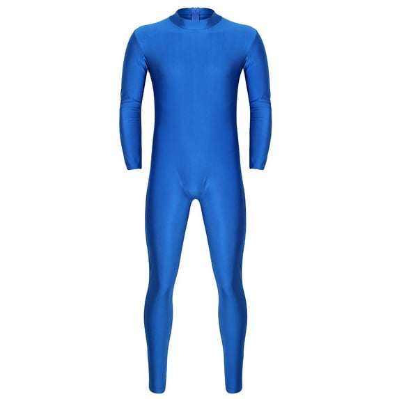 Alvivi Mens Full Spandex Turtleneck Bodysuit Long Sleeve Unitard Zipper Dance Leotard Bodysuit Blue Medium