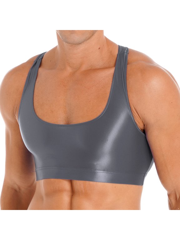 Mens Glossy Muscle Crop Tank Tops Vest Workout Bodybuilding Compression Stringer Tee Shirt Grey L